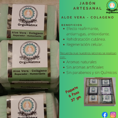 Imagen de Jabón Artesanal 37 gm  Aloe Vera -Colágeno (Paquete 6 pzas)