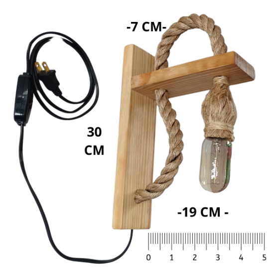 Imagen de Lámpara rústica de pared en madera de pino y cuerda de henequén