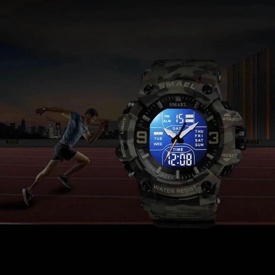 Imagen de Reloj deportivo azul cronógrafo Digital camuflaje resistente agua pantalla Dual analógica led luz