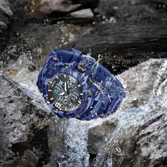 Imagen de Reloj deportivo azul cronógrafo Digital camuflaje resistente agua pantalla Dual analógica led luz