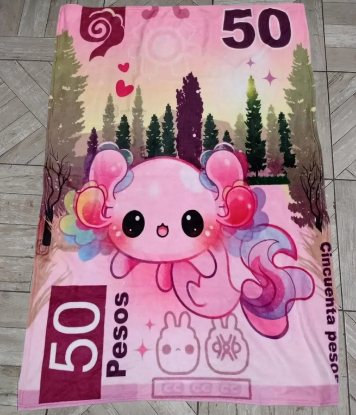 Imagen de Ricolandia Manta frazada Billete 50 Ajolotito Kawaii ROSA 110 x 160 largo