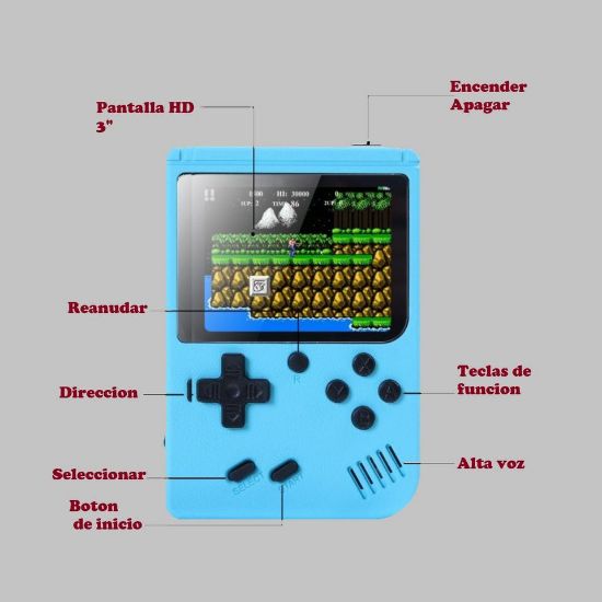 Imagen de Mini consola portátil retro videojuegos color azul LCD 3" 500 juegos recargable usb gamer portatil
