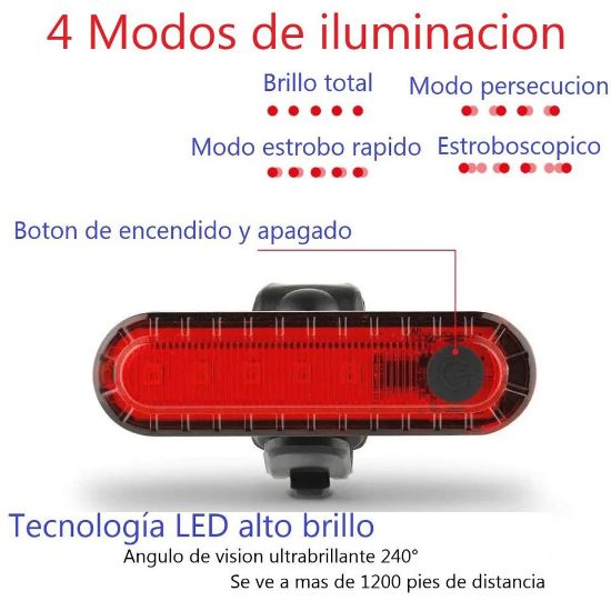 Imagen de Luz Bicicleta trasera LED recargable USB luz roja brillante iluminación seguridad nocturna macota