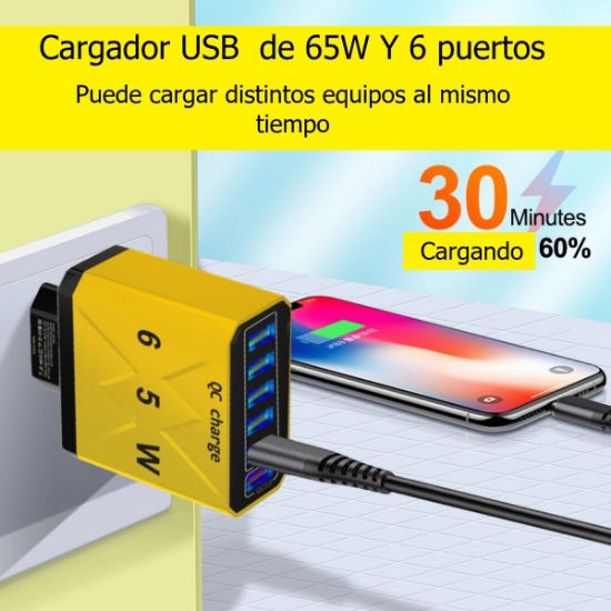 Imagen de Cargador USB 6 puertos negro led adaptador carga rápida 3.0 65W teléfono iPhone Samsung Xiaomi