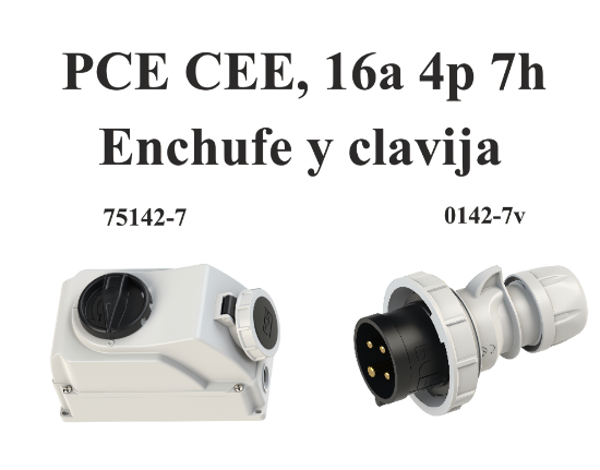 Imagen de Enchufe Y Clavija PCE CEE, Modelo 75142-7 y 0142-7v, de 16A, 4P, 7H Ip66/Ip67