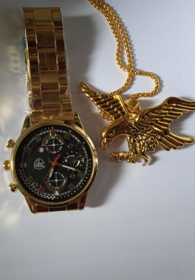 Imagen de Set  de Reloj  de cuarzo Dorado y Collar Con Colgante De Águila Vintage Para Hombre