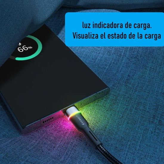 Imagen de Cable USB tipo C carga rápida datos teléfono 3A 1m tela uso rudo led luz RGB ultra rápido datos